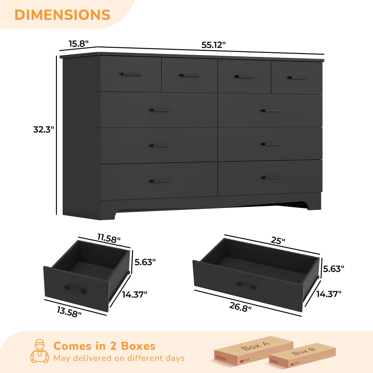 Black 10 Drawer Dresser with Power Outlets C74545