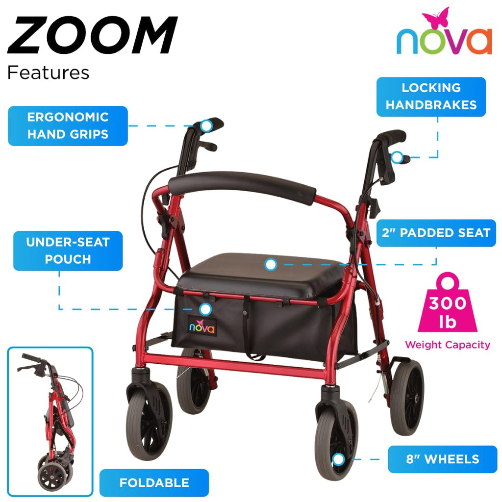 Red Rollator Walker with Padded Seat and 8" Wheels I4467