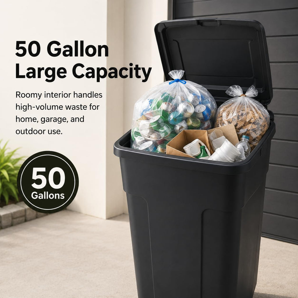 50 Gallon Wheeled Plastic Trash Can with Lid and Handle L62660