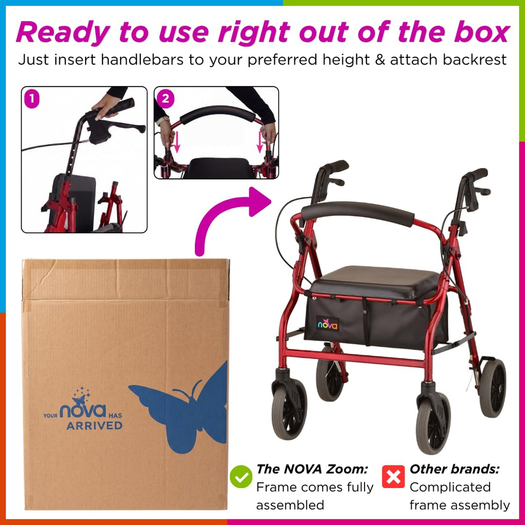 Red Rollator Walker with Padded Seat and 8" Wheels I4467