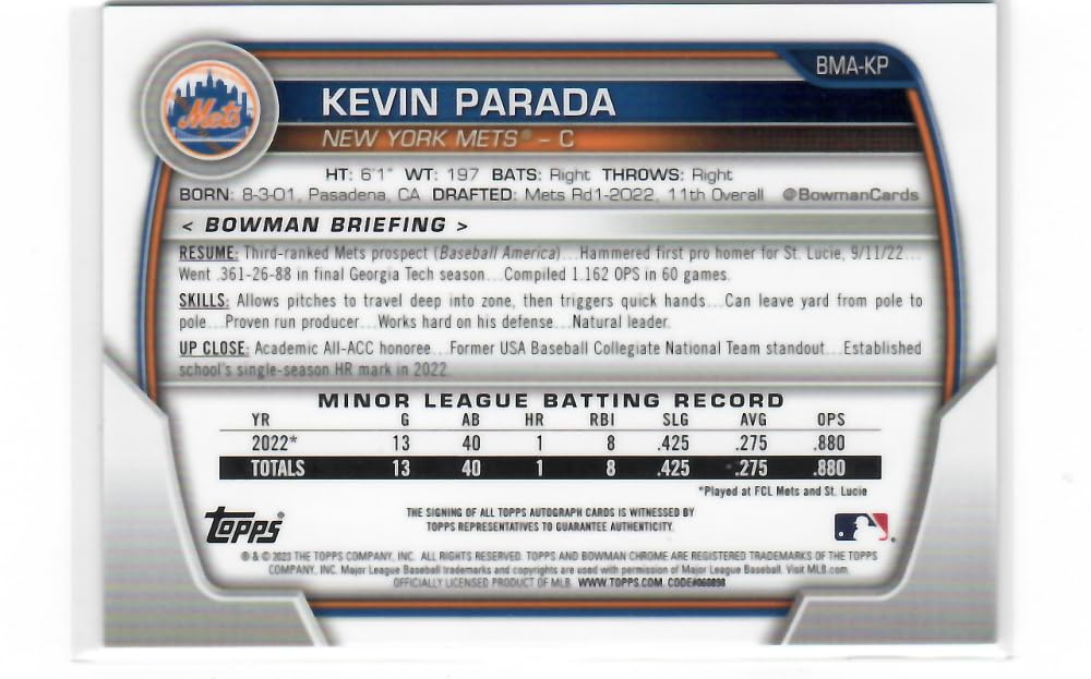 2023 Bowman Chrome Mega Box Mojo Autographed Refractor Blue #BMA-KP Kevin Parada Autographed /150 New York Mets Baseball NM-MT X578084