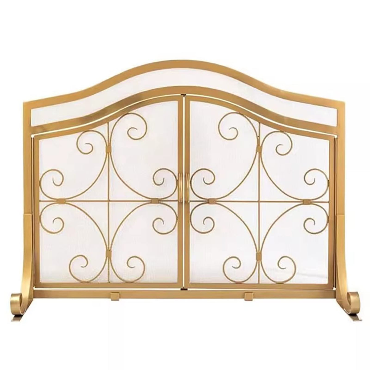 Gold Scroll Metal Fireplace Screen with 2 Doors D2897