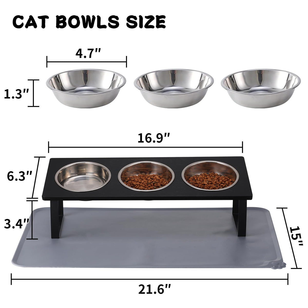 15° Tilted Stainless Steel Elevated Cat Bowls with Food Mat T9487