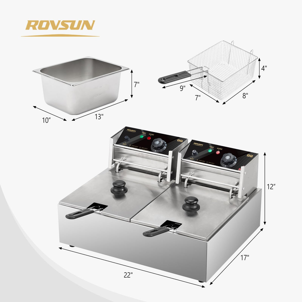 22.8QT Stainless Steel Electric Double Deep Fryer with Baskets & Lids T902