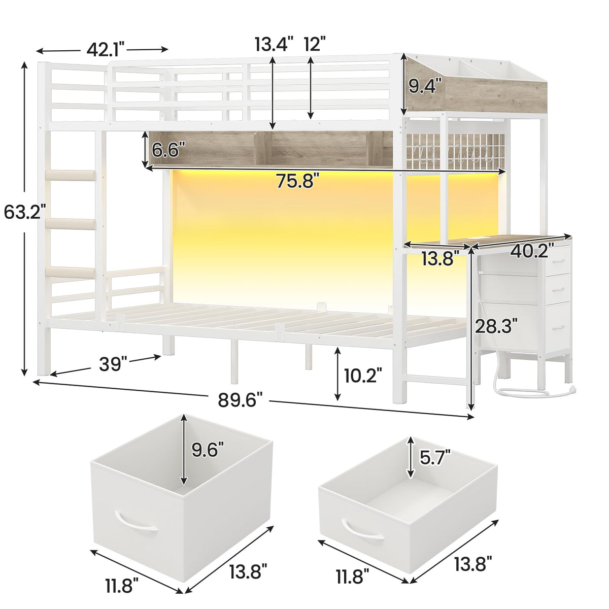 White Twin Over Twin Metal Bunk Bed with Desk and 3 Storage Drawers H989315