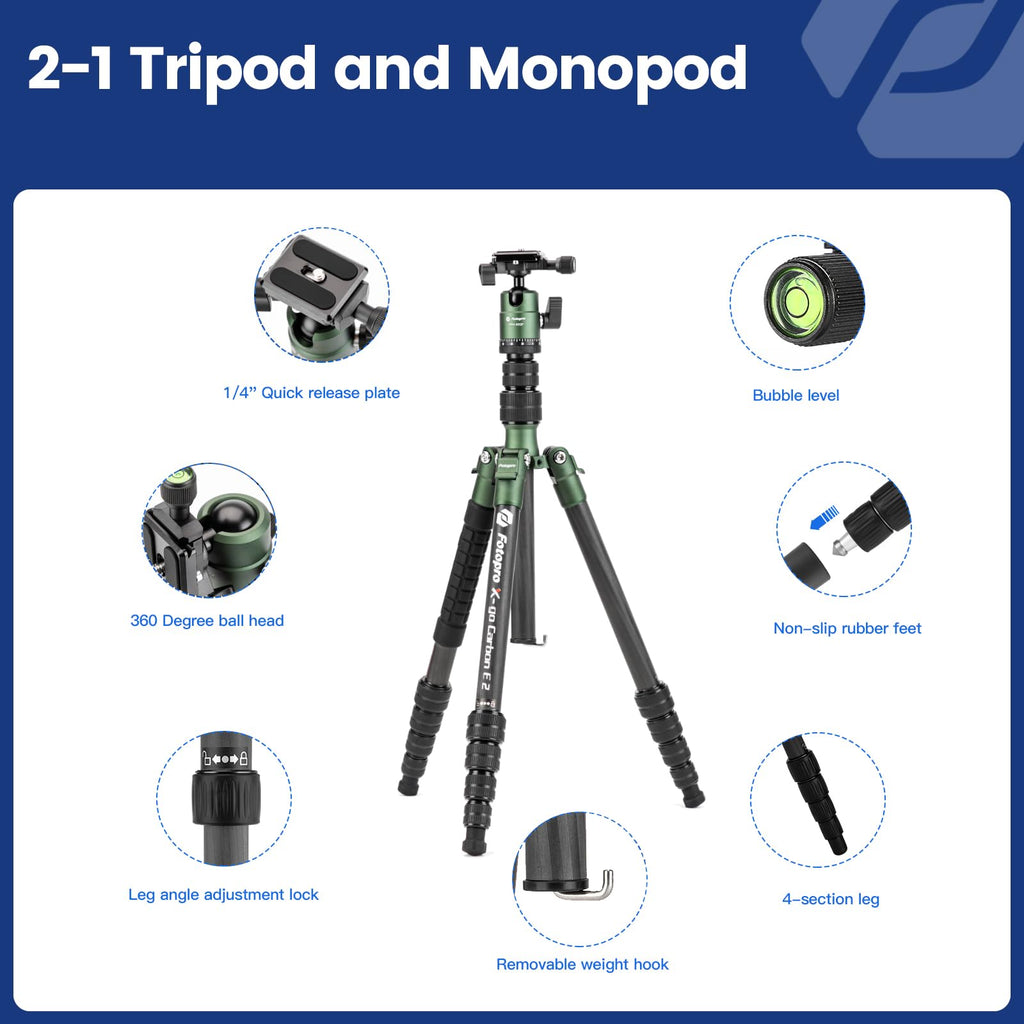 60" Carbon Fiber Camera Tripod with Ball Head and Monopod X814874