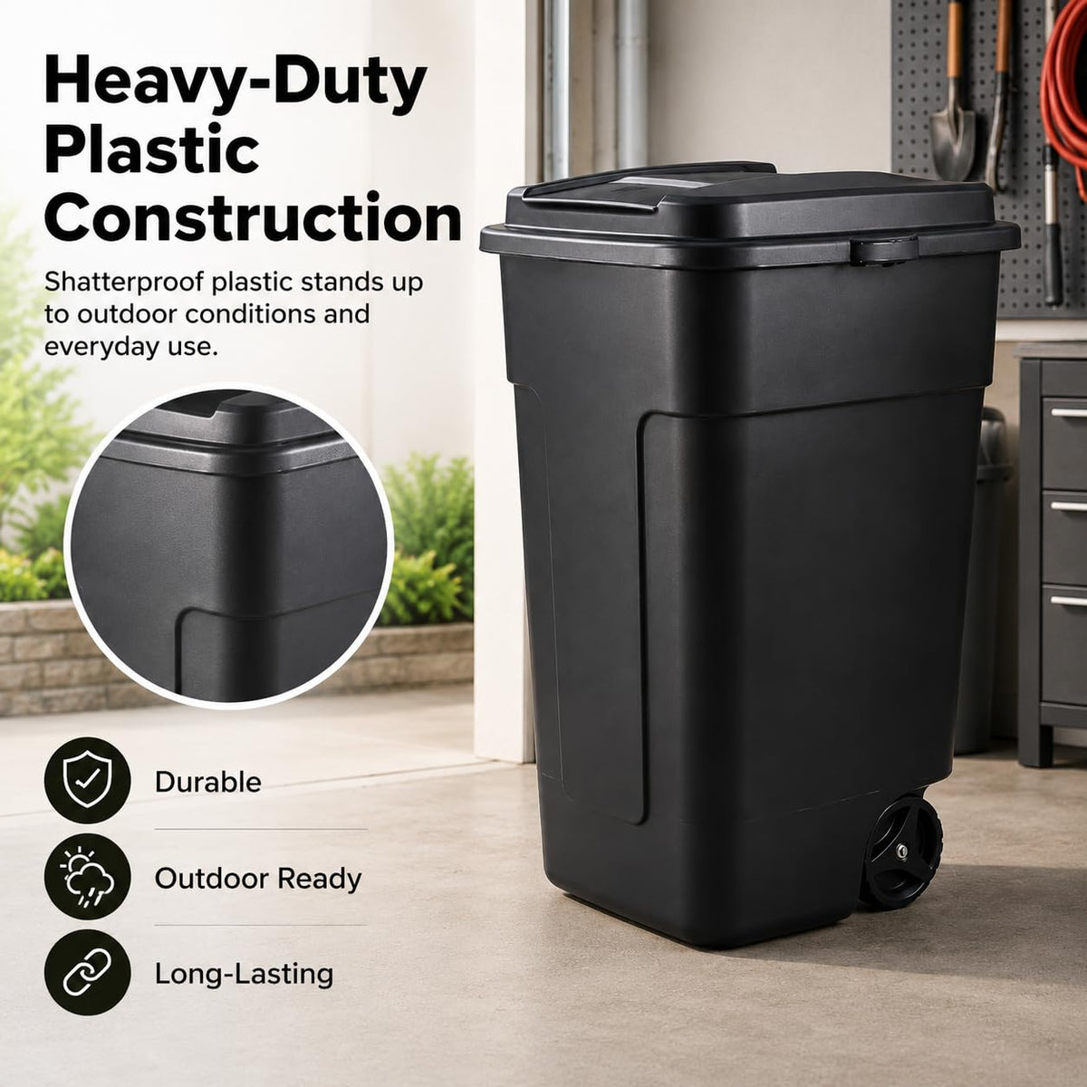 50 Gallon Wheeled Plastic Trash Can with Lid and Handle L62660