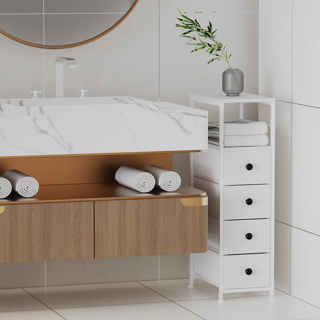 White Narrow Dresser with 4 Fabric Drawers M8481