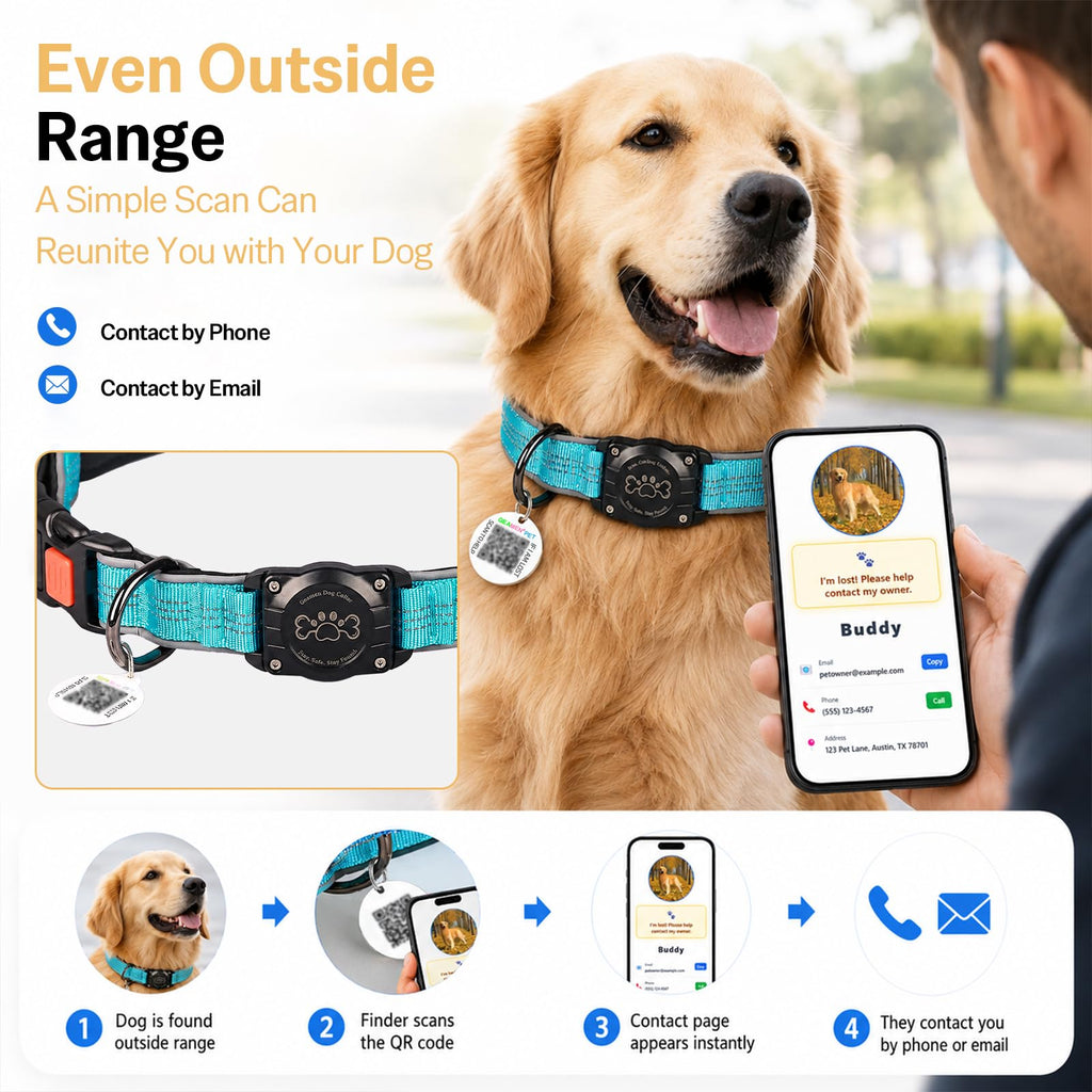 Blue IP68 Waterproof Reflective Dog Collar with AirTag Holder J80923