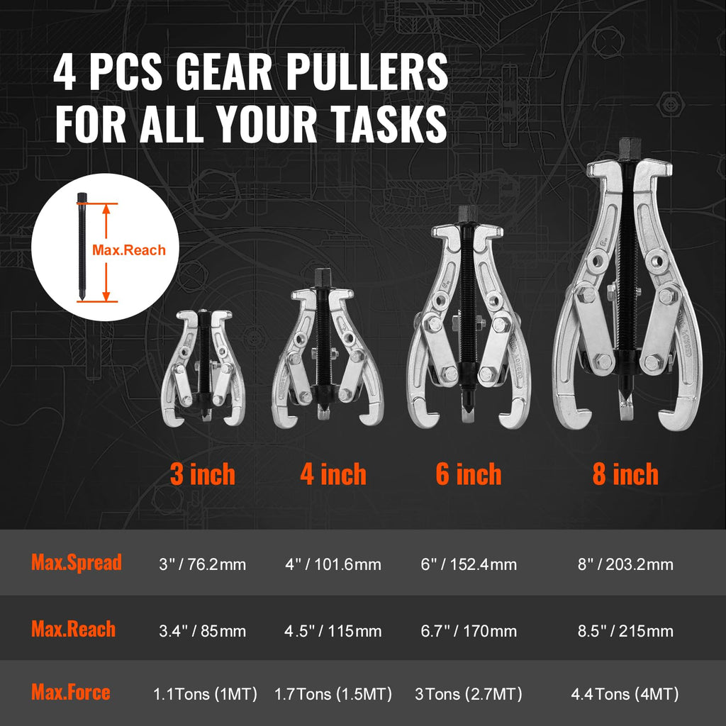 3" 4" 6" 8" 4-Piece Gear Puller Set Y7874