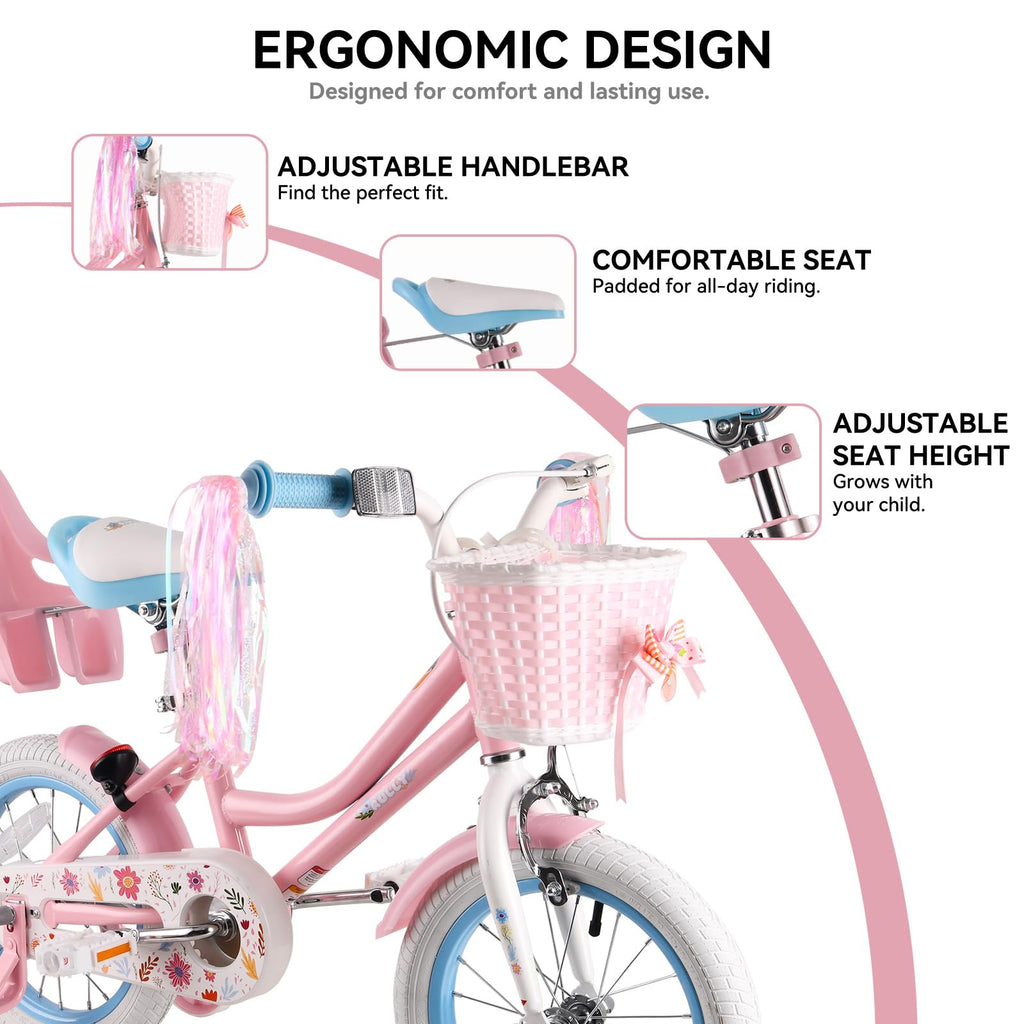 12 14 16 Inch Girls Bike with Training Wheels, Basket & Doll Seat V81193