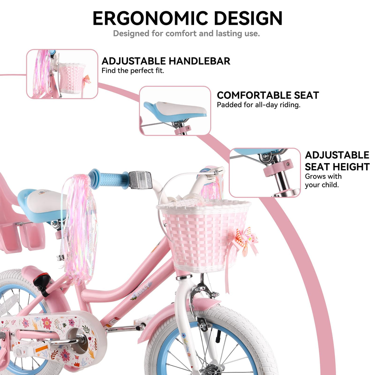 12 14 16 Inch Girls Bike with Training Wheels, Basket & Doll Seat V81193