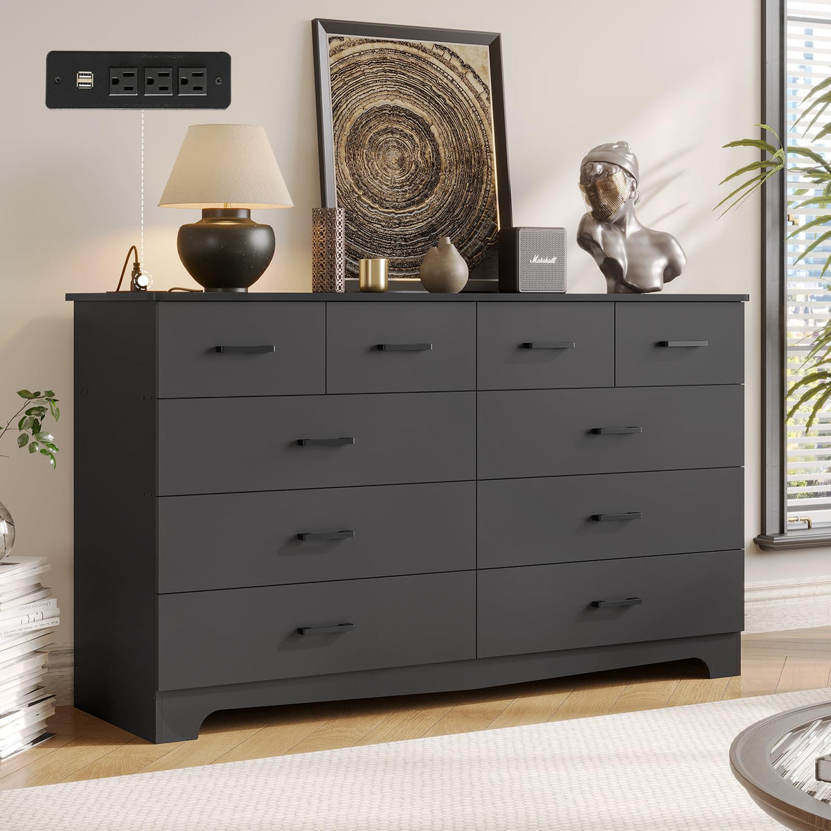Black 10 Drawer Dresser with Power Outlets C74545