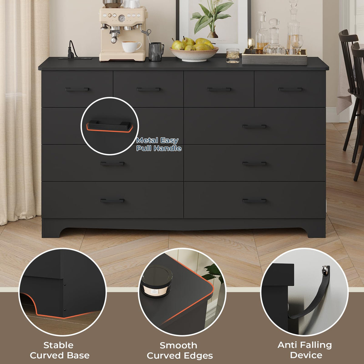 Black 10 Drawer Dresser with Power Outlets C74545