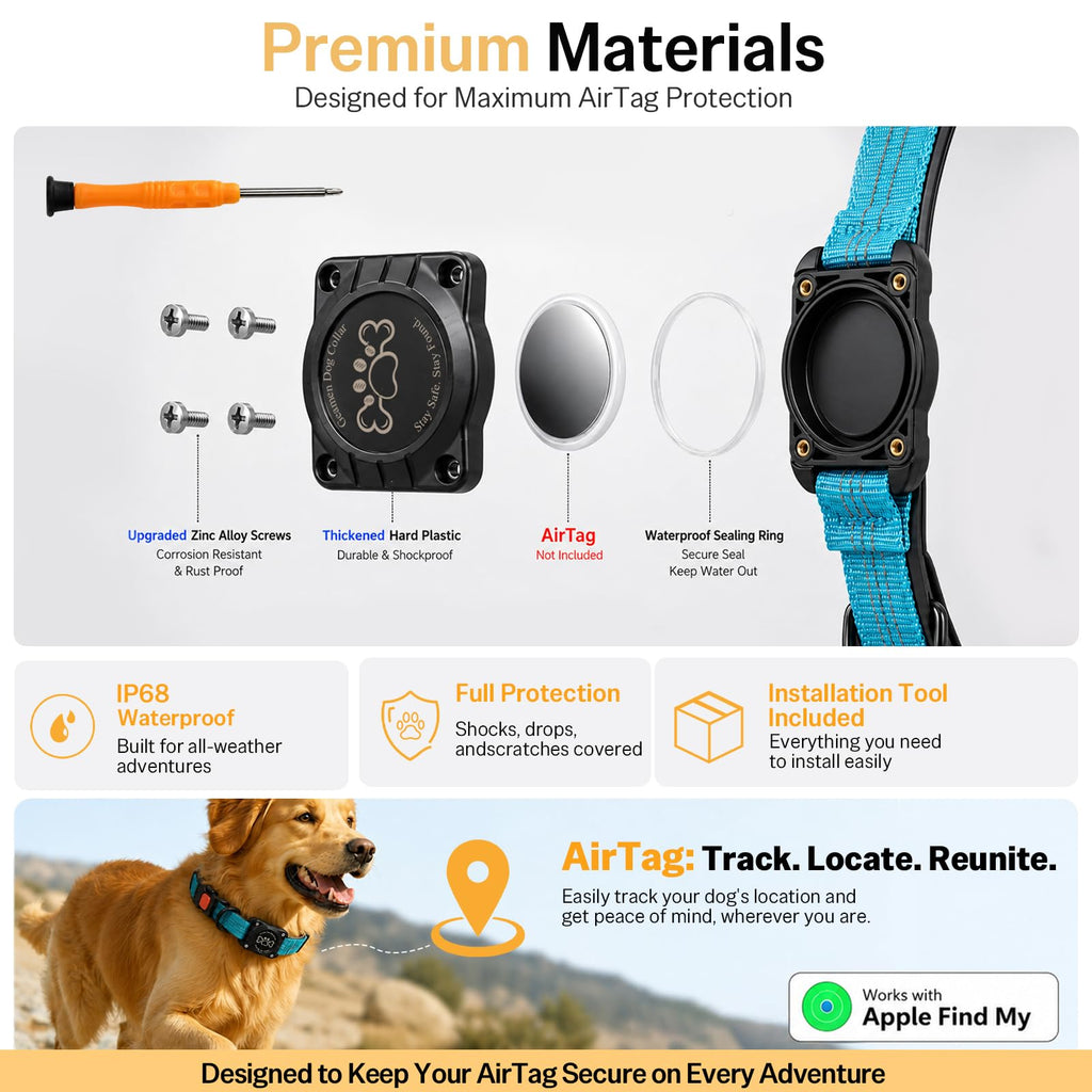 Blue IP68 Waterproof Reflective Dog Collar with AirTag Holder J80923