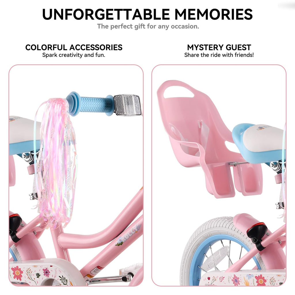 12 14 16 Inch Girls Bike with Training Wheels, Basket & Doll Seat V81193