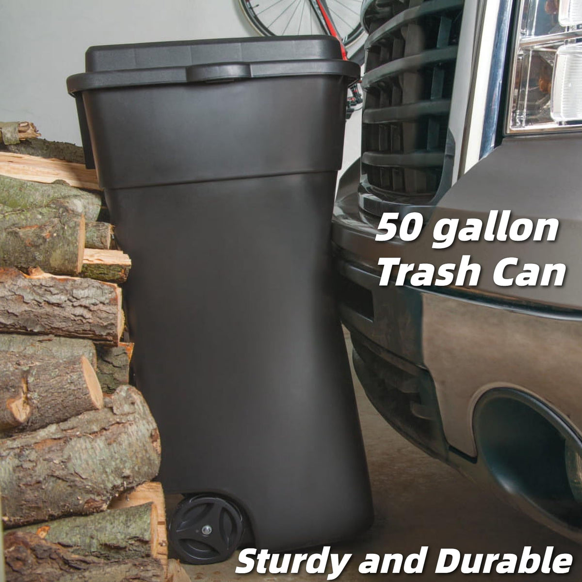 50 Gallon Wheeled Plastic Trash Can with Lid and Handle L62660