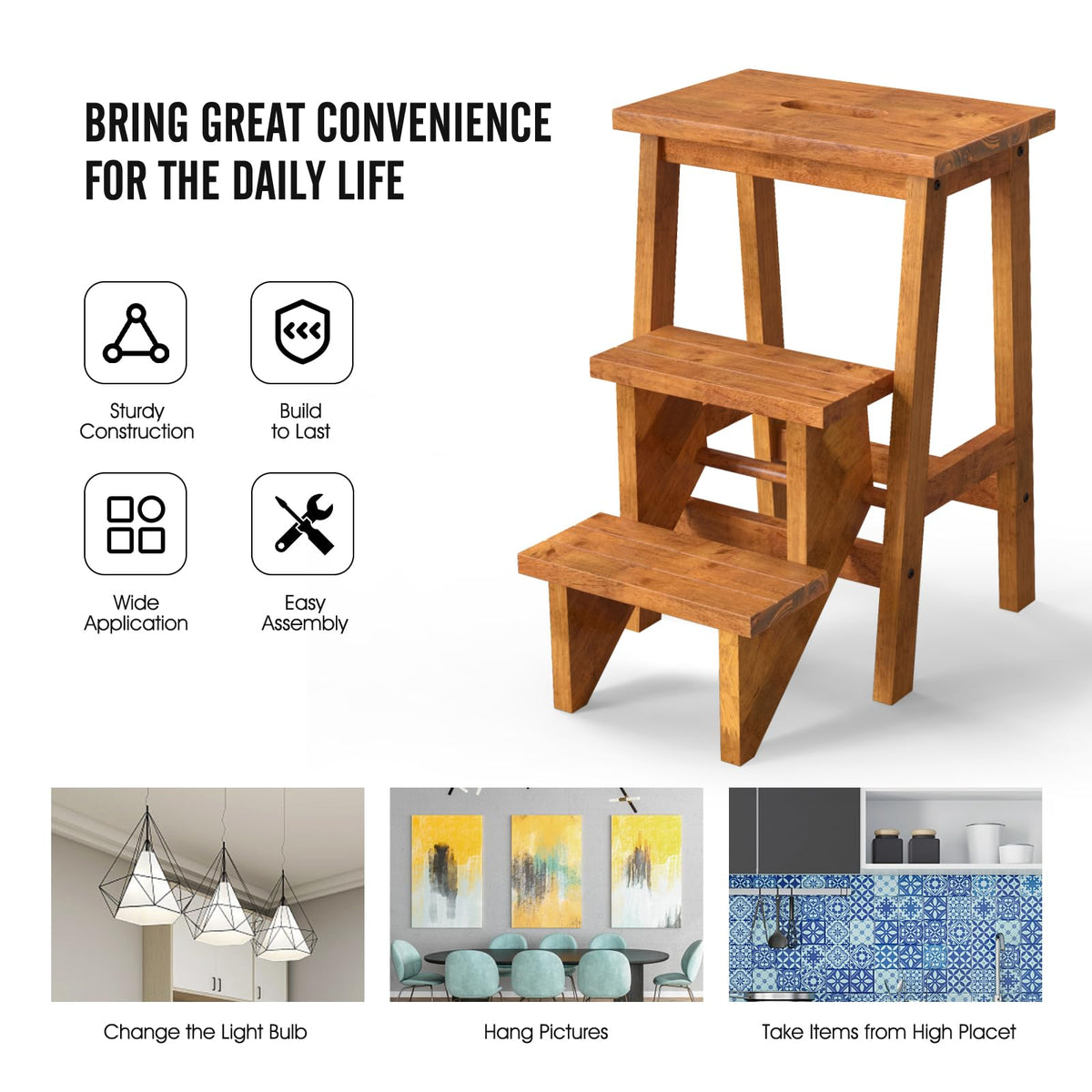 3 Tier Wood Step Ladder with Anti-Slip G7924