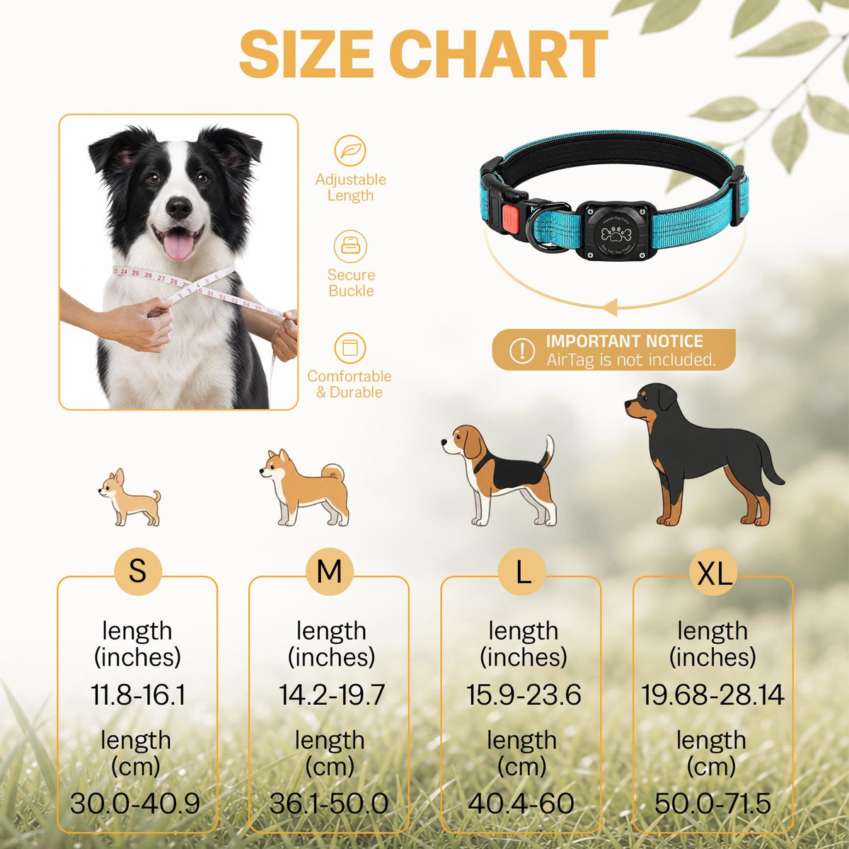 Blue IP68 Waterproof Reflective Dog Collar with AirTag Holder J80923