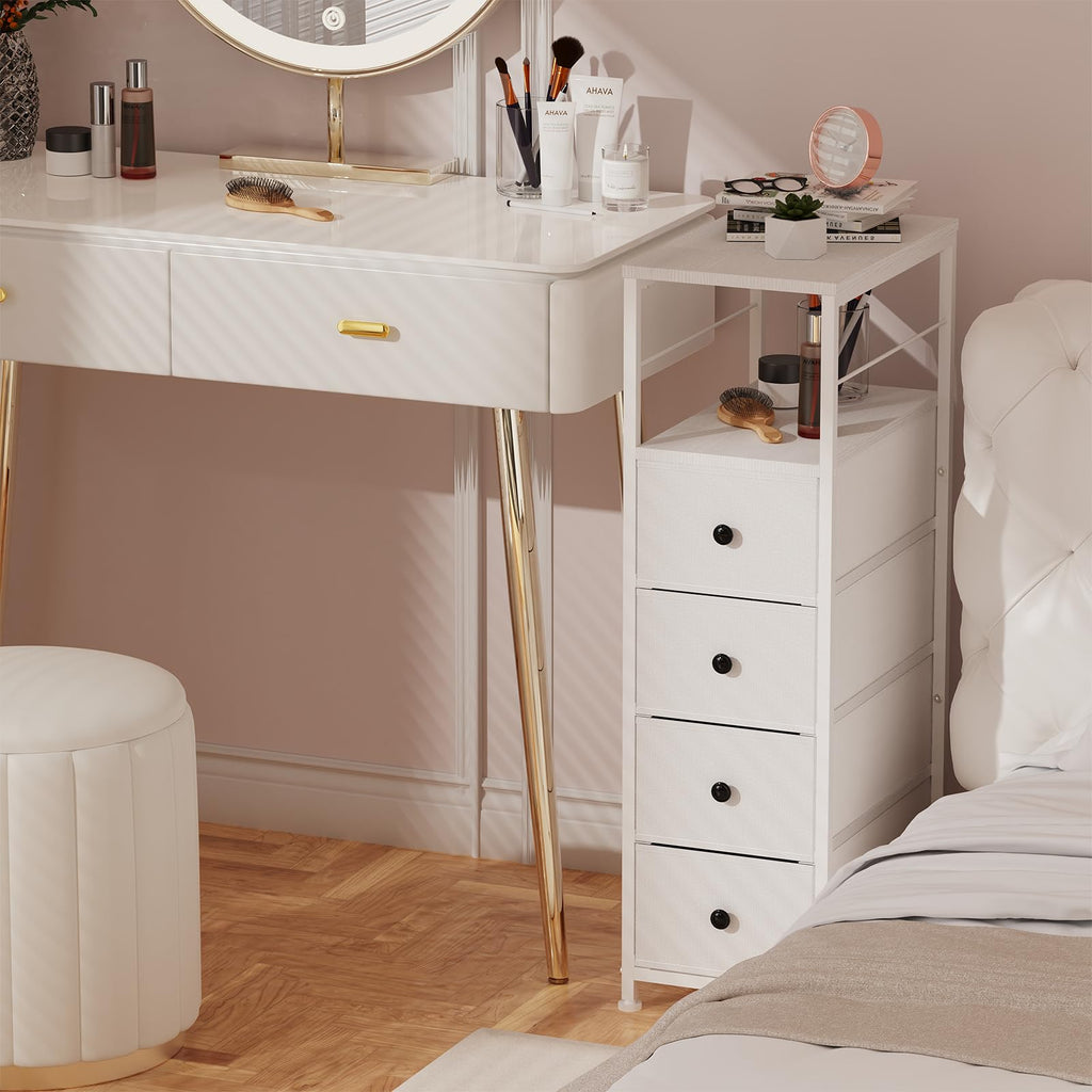 White Narrow Dresser with 4 Fabric Drawers M8481