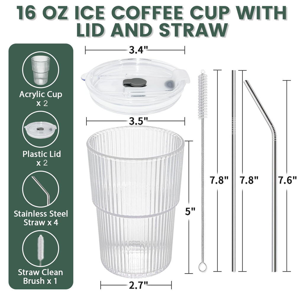 16 OZ Clear Plastic Iced Coffee Cups with Lids and Straws 2 Pcs V735
