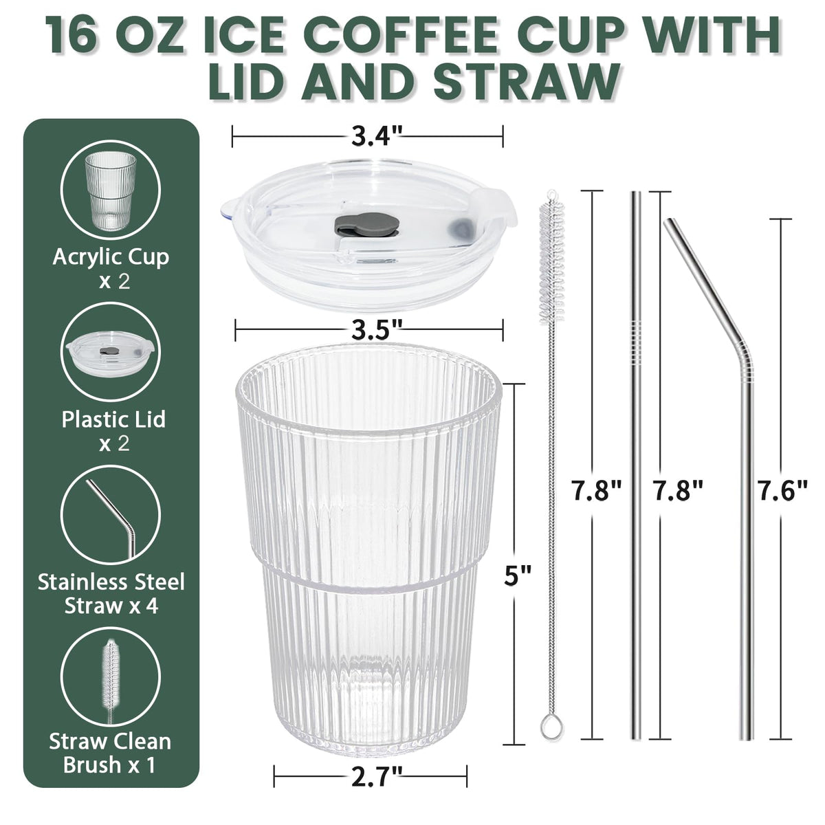 16 OZ Clear Plastic Iced Coffee Cups with Lids and Straws 2 Pcs V735