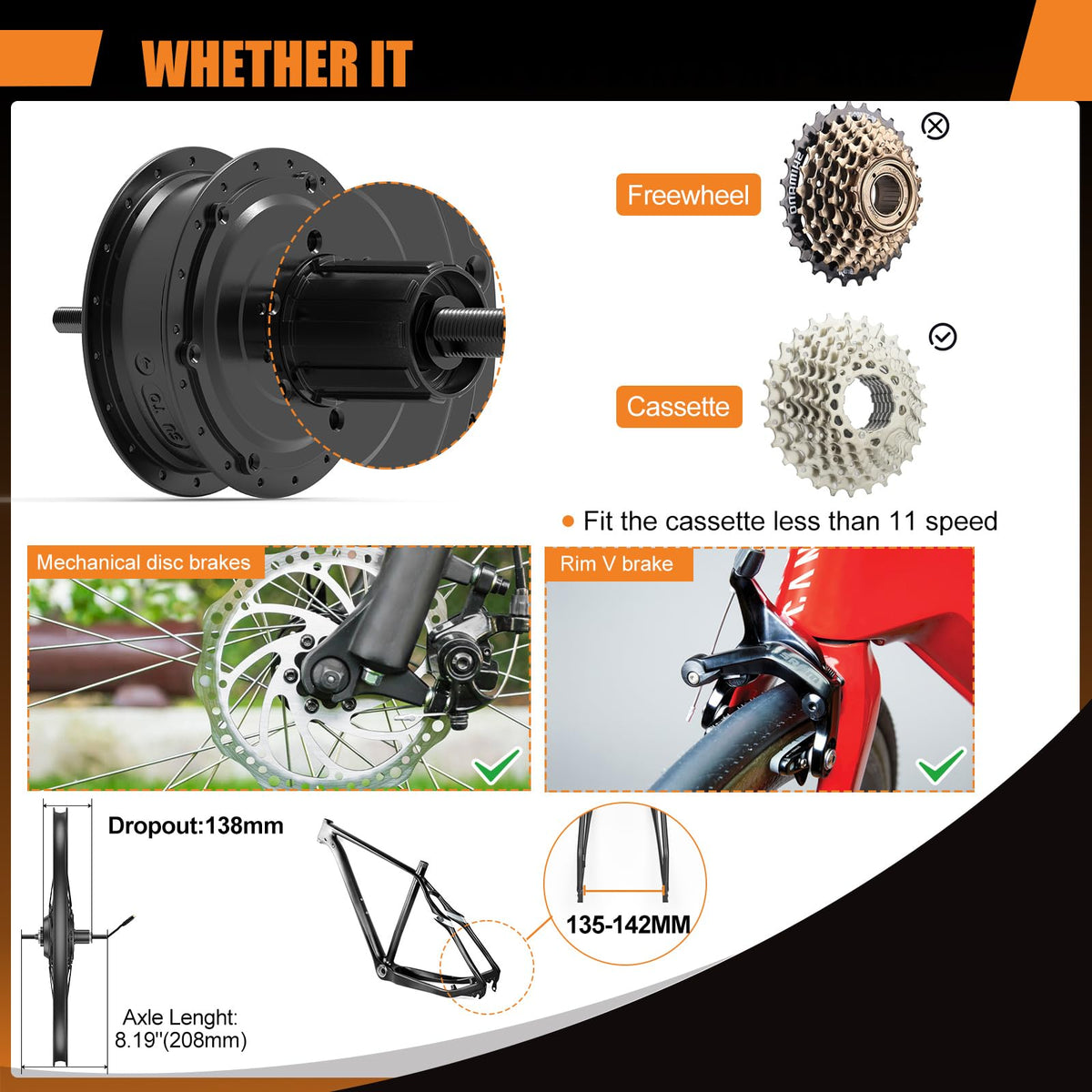 48V 750W Electric Bicycle Conversion Kit Rear Hub Motor Wheel W33504
