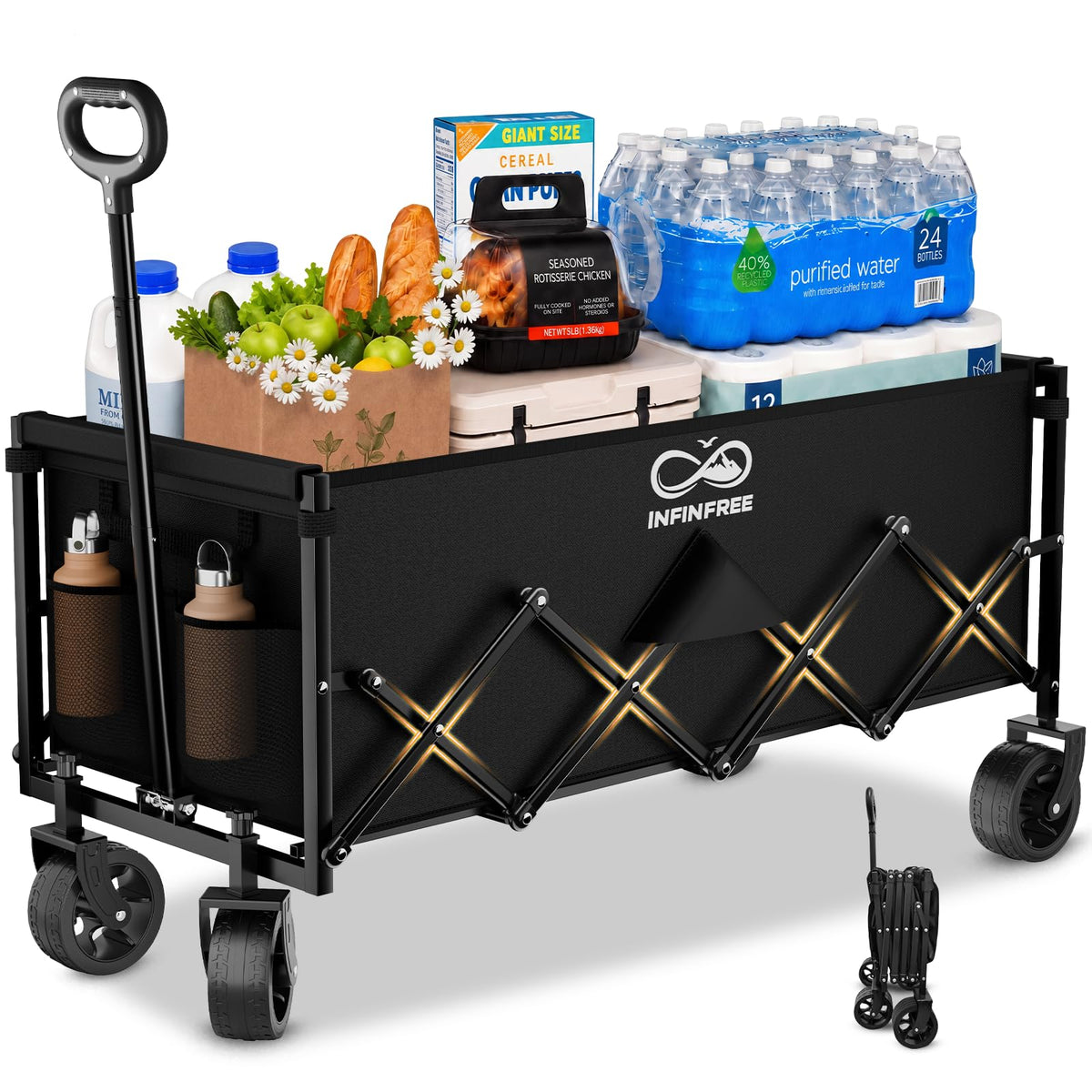 34" Extra Long Foldable Wagon with All-Terrain Wheels, 260 LBS Capacity Black M1170