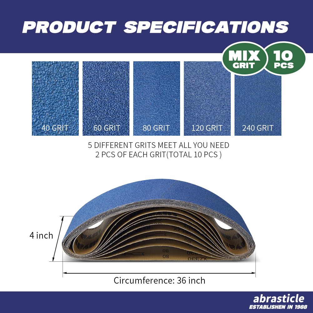 4" x 36" Zirconia Sanding Belts, 10 PCS Assorted Grits P504856