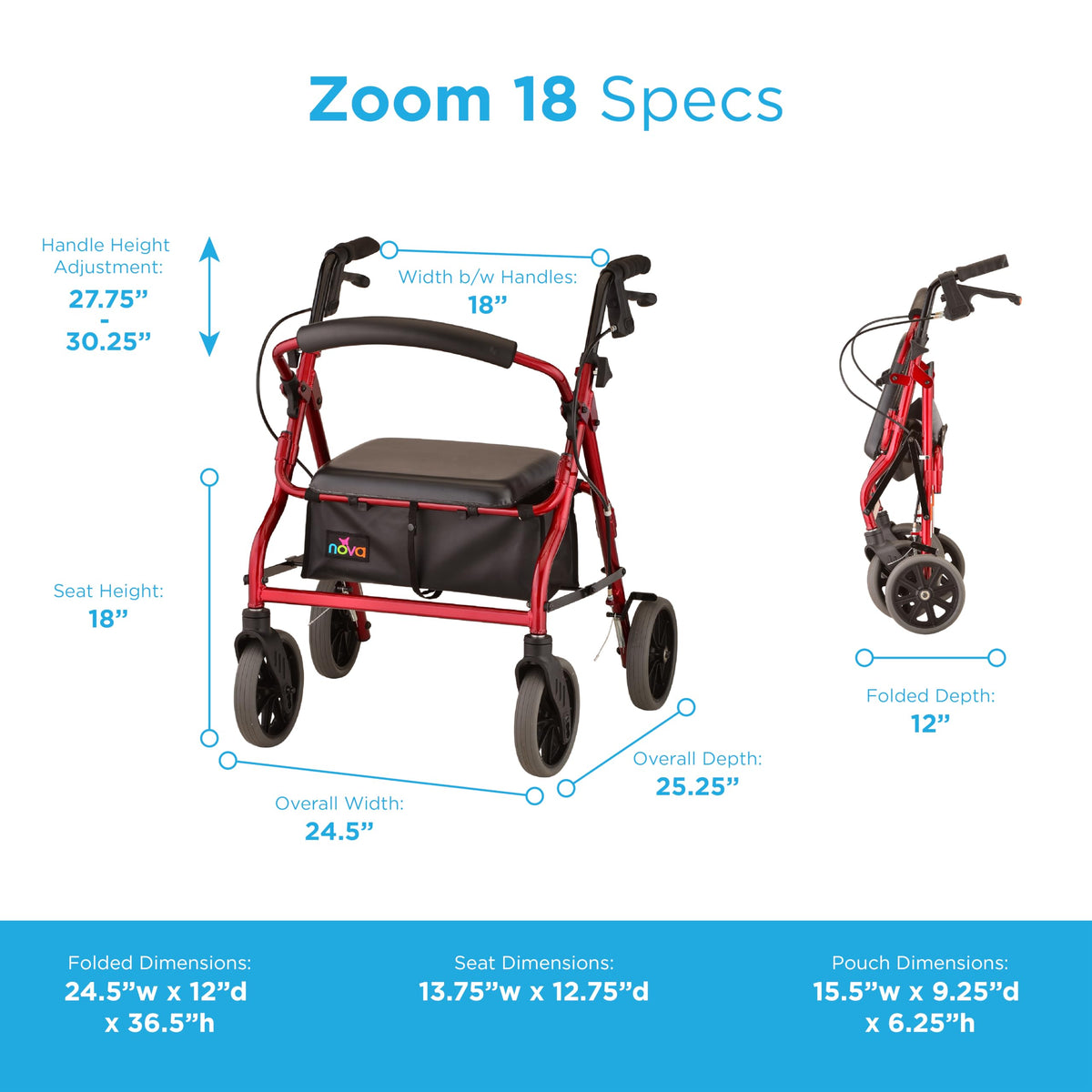 Red Rollator Walker with Padded Seat and 8" Wheels I4467