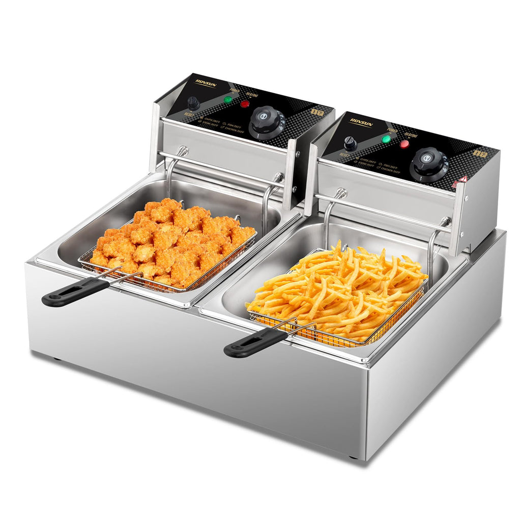 22.8QT Stainless Steel Electric Double Deep Fryer with Baskets & Lids T902