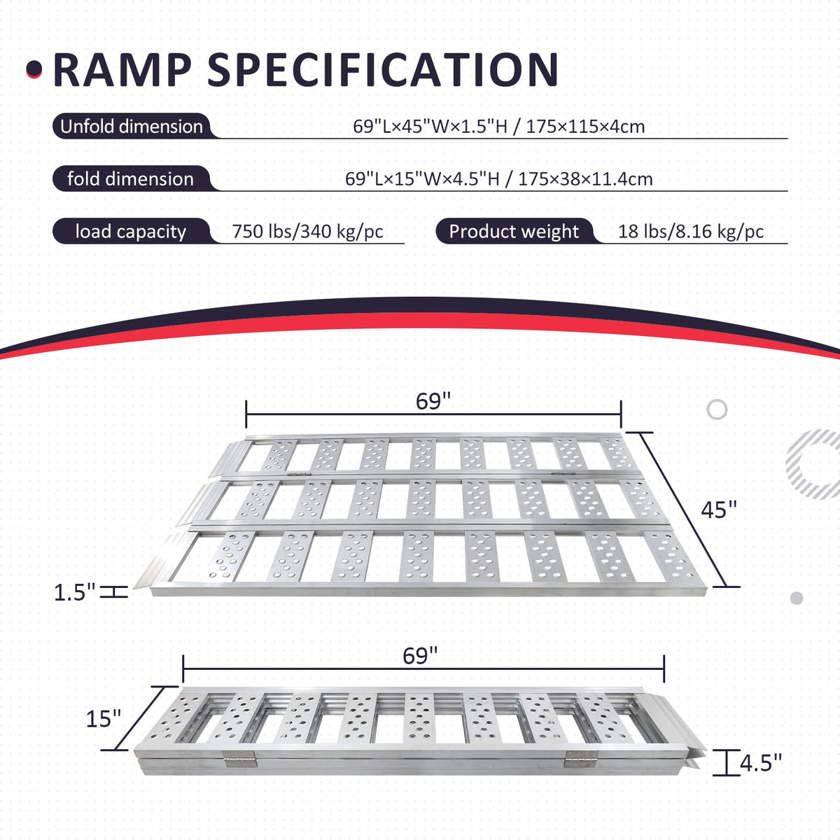 Full Width Aluminum Tri-Fold Loading Ramps with Treads V2766
