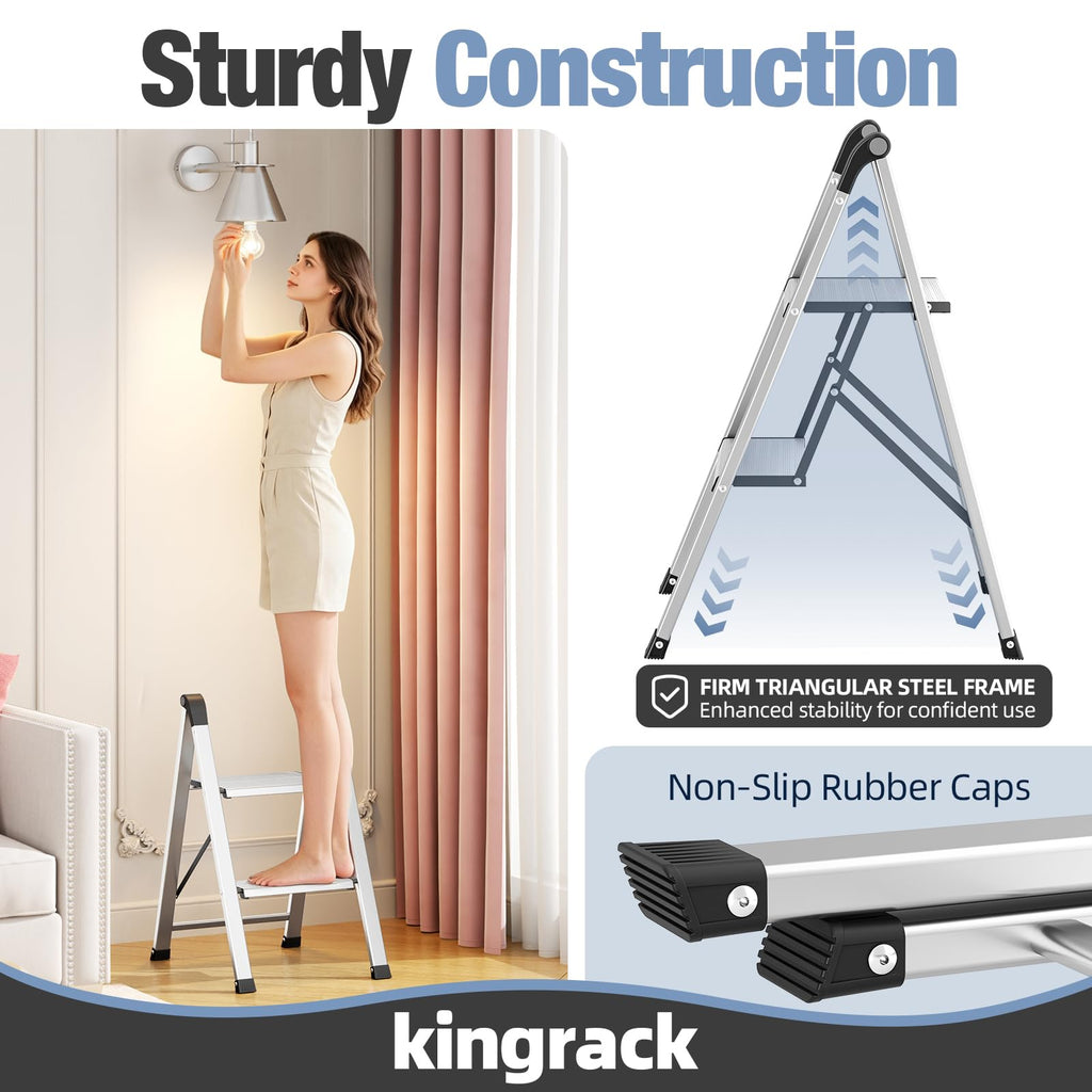 2 Step Aluminum Foldable Step Ladders 330lb Silver M551