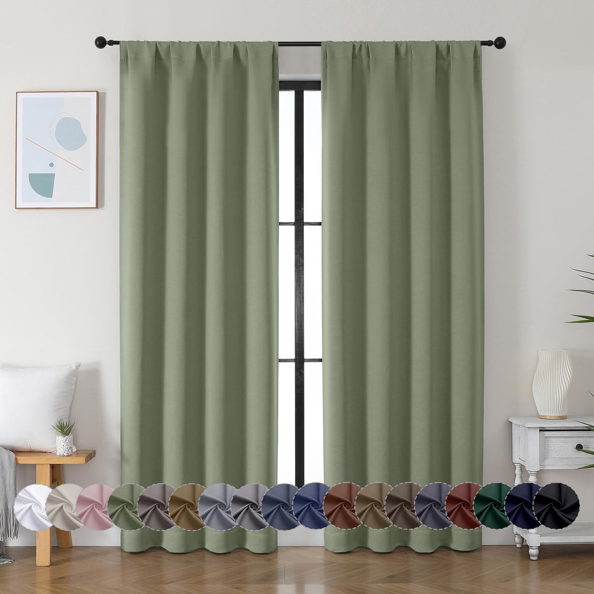 Sage Green Blackout Curtains, 72 Inch, 2 Panels Set M58984