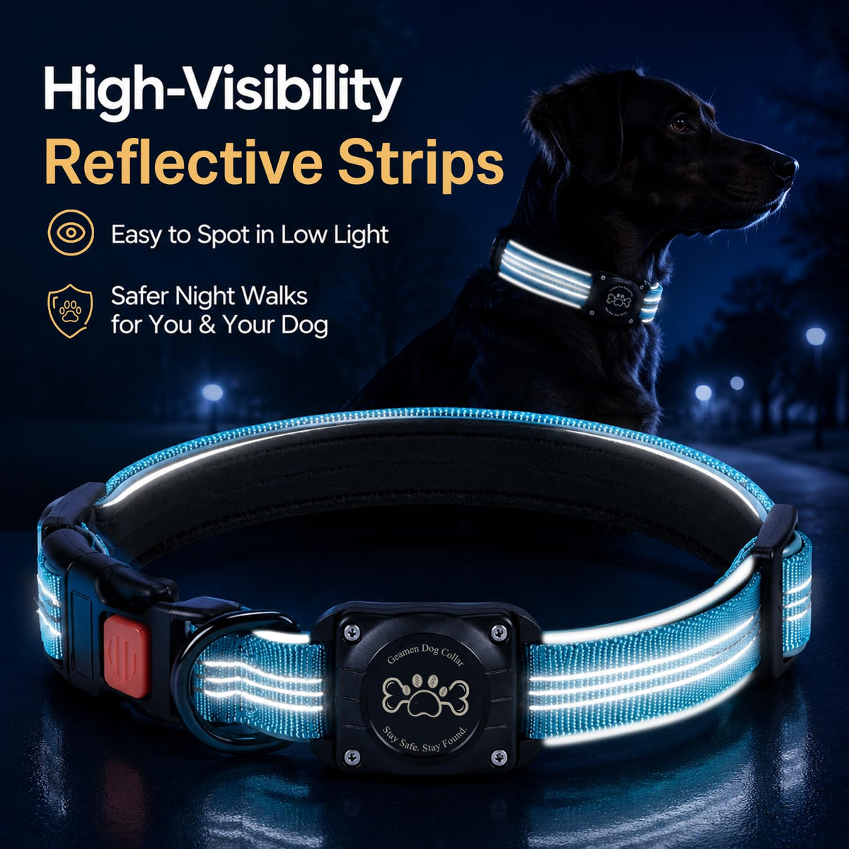 Blue IP68 Waterproof Reflective Dog Collar with AirTag Holder J80923