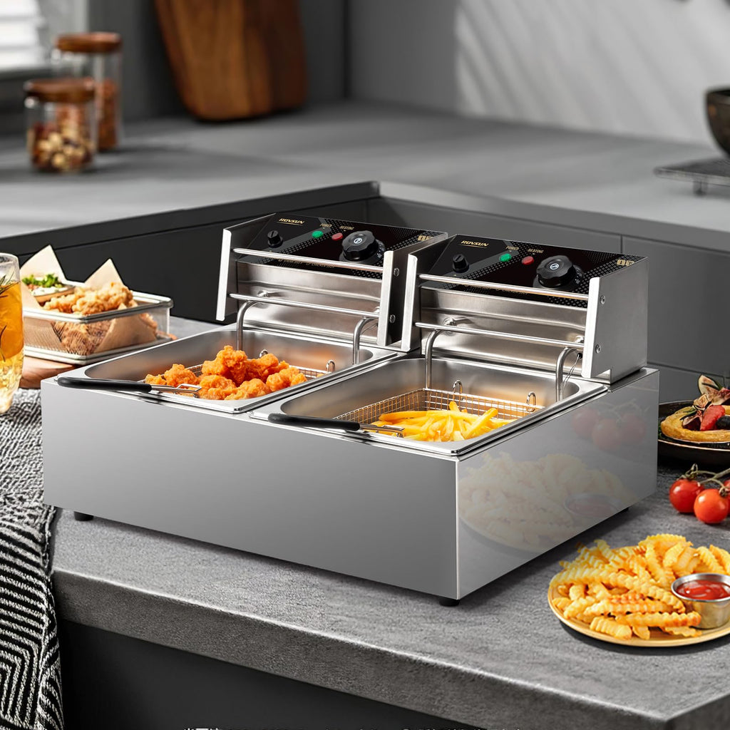 22.8QT Stainless Steel Electric Double Deep Fryer with Baskets & Lids T902