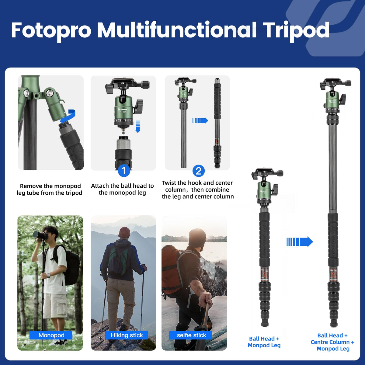 60" Carbon Fiber Camera Tripod with Ball Head and Monopod X814874