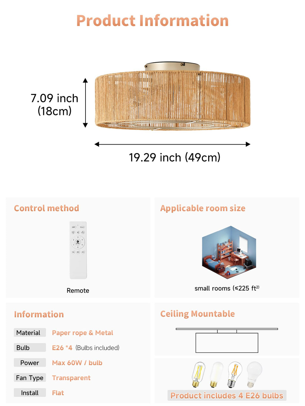 20" Rattan Ceiling Fan with Lights Y4418