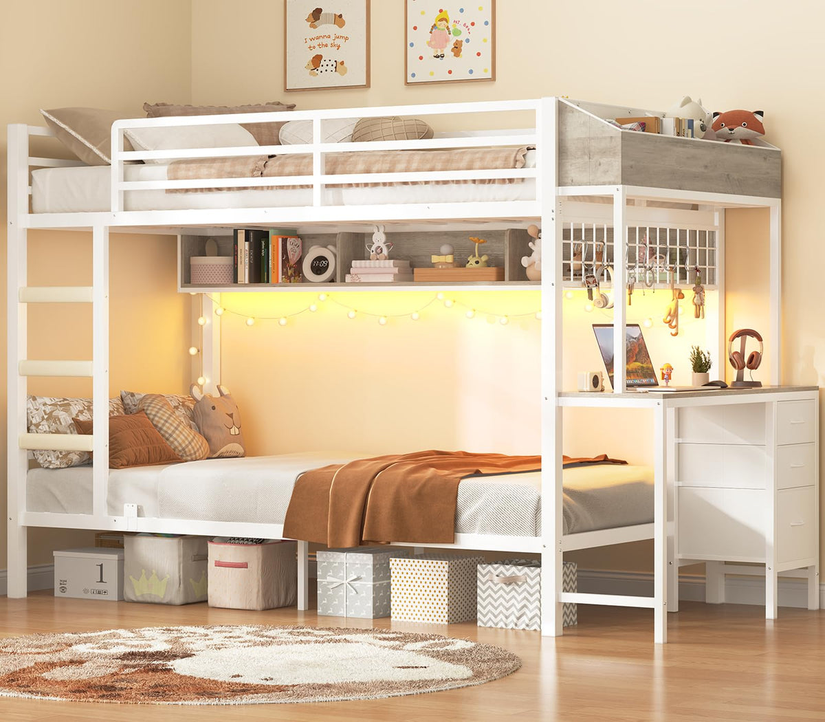 White Twin Over Twin Metal Bunk Bed with Desk and 3 Storage Drawers H989315