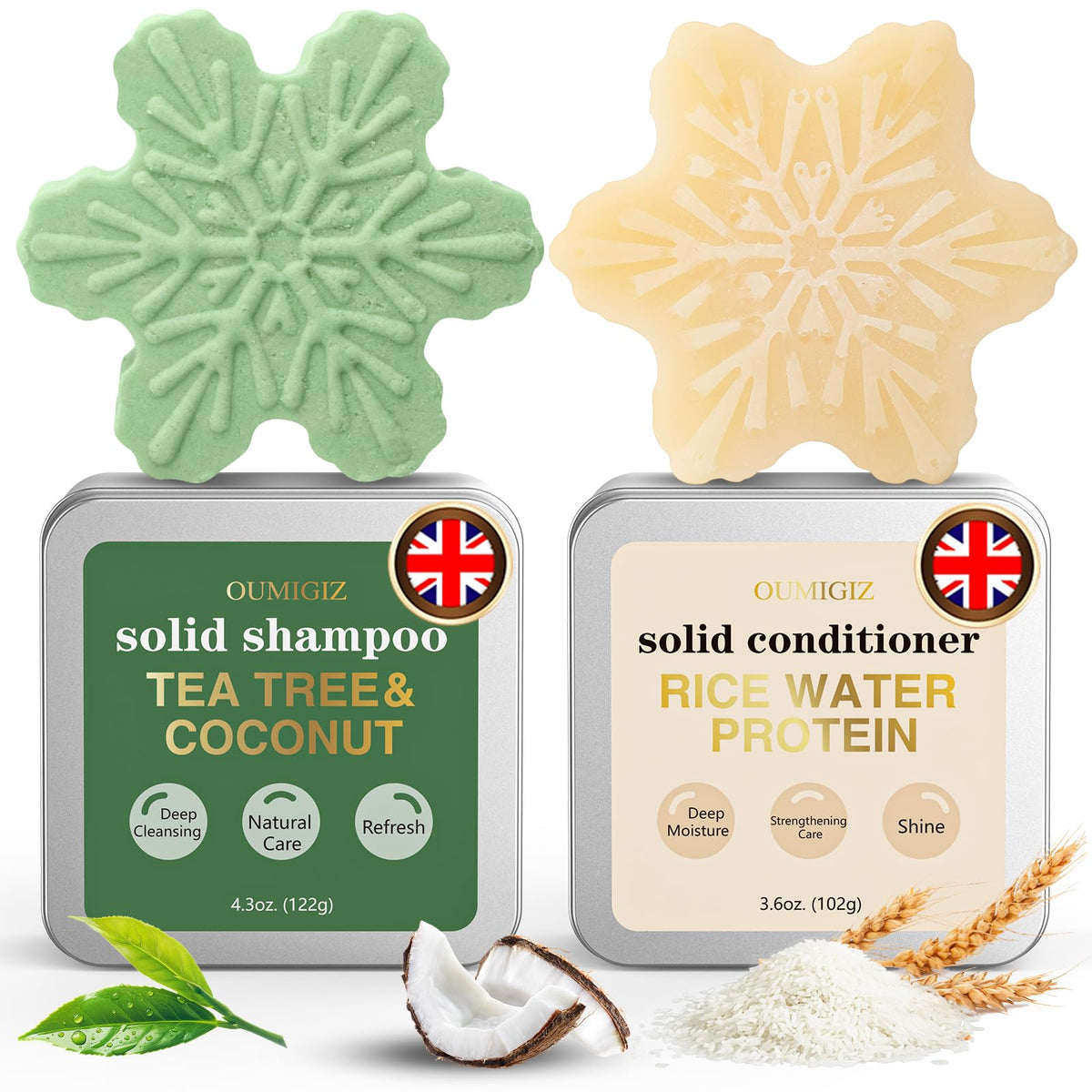 Tea Tree Clarifying Shampoo Bar & Rice Water Protein Conditioner Bar Set 2 pack I96331