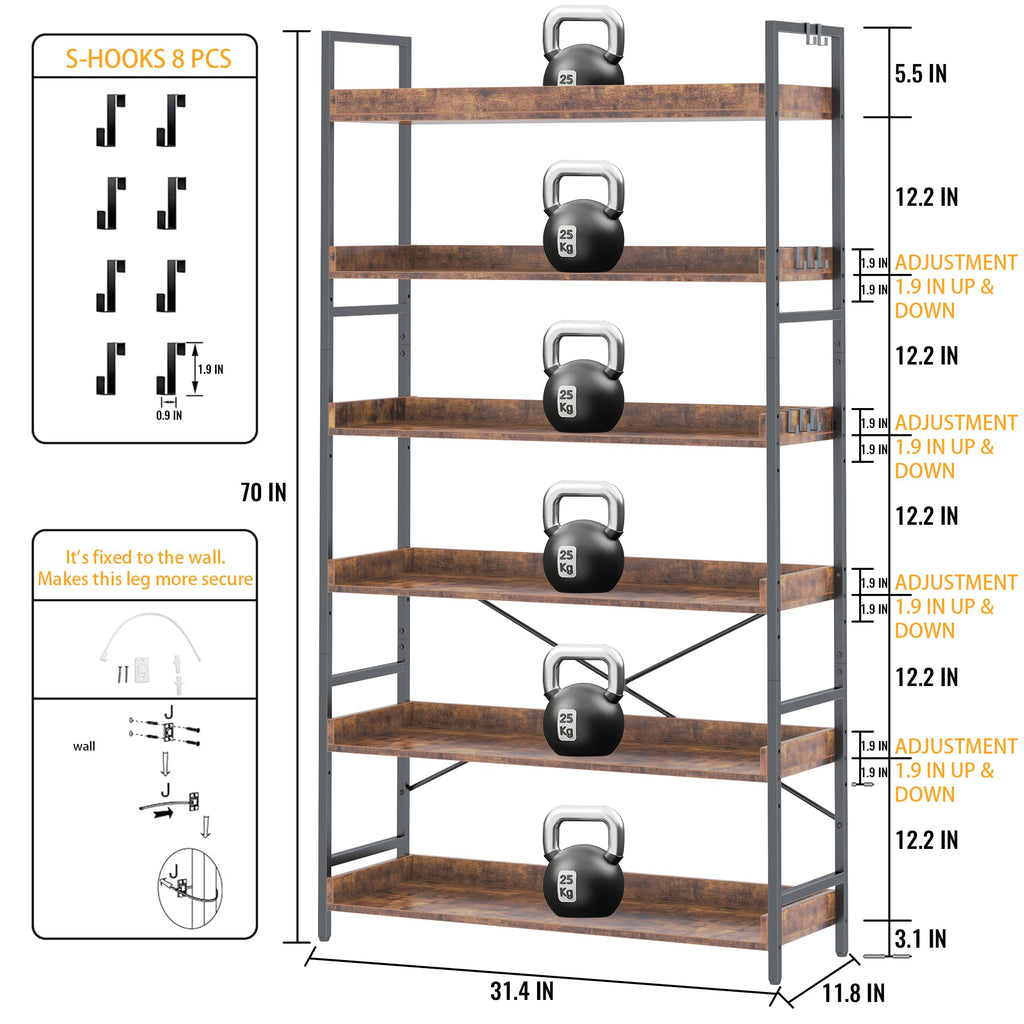 Adjustable 6-Tier Wood and Black Metal Bookshelf P713762