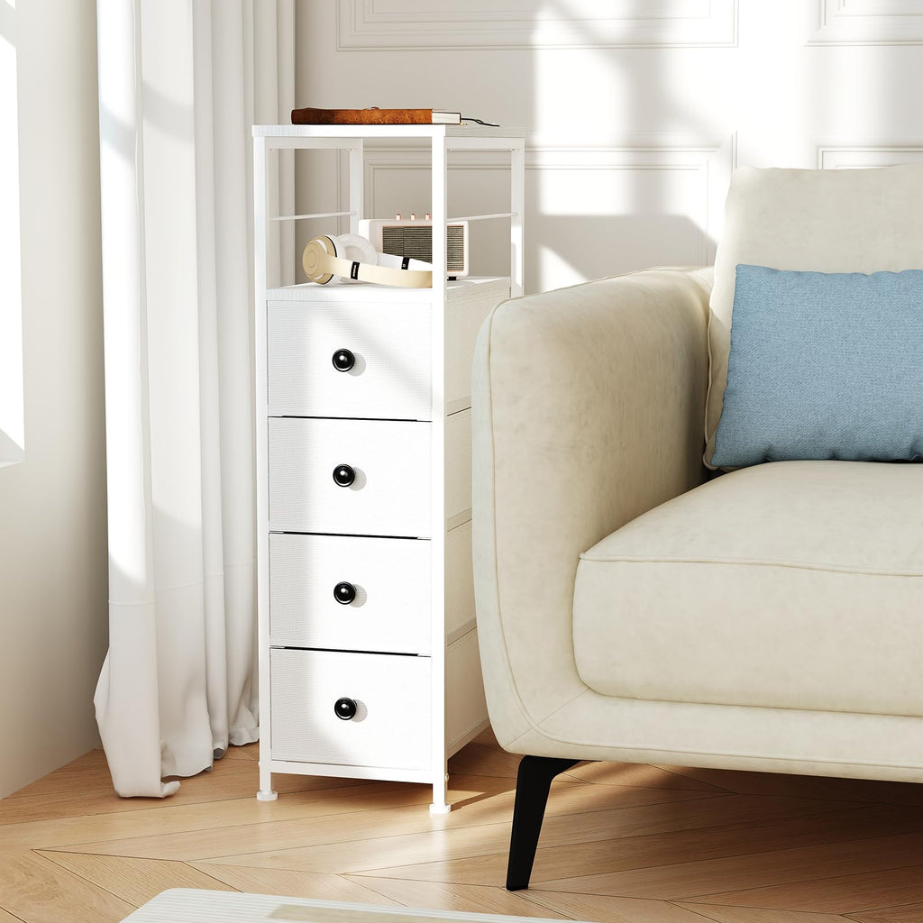 White Narrow Dresser with 4 Fabric Drawers M8481
