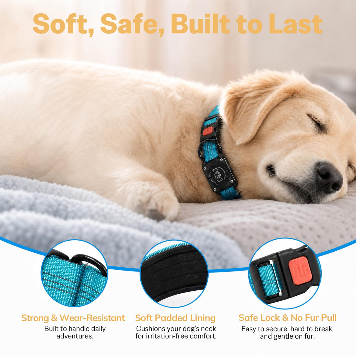 Blue IP68 Waterproof Reflective Dog Collar with AirTag Holder J80923