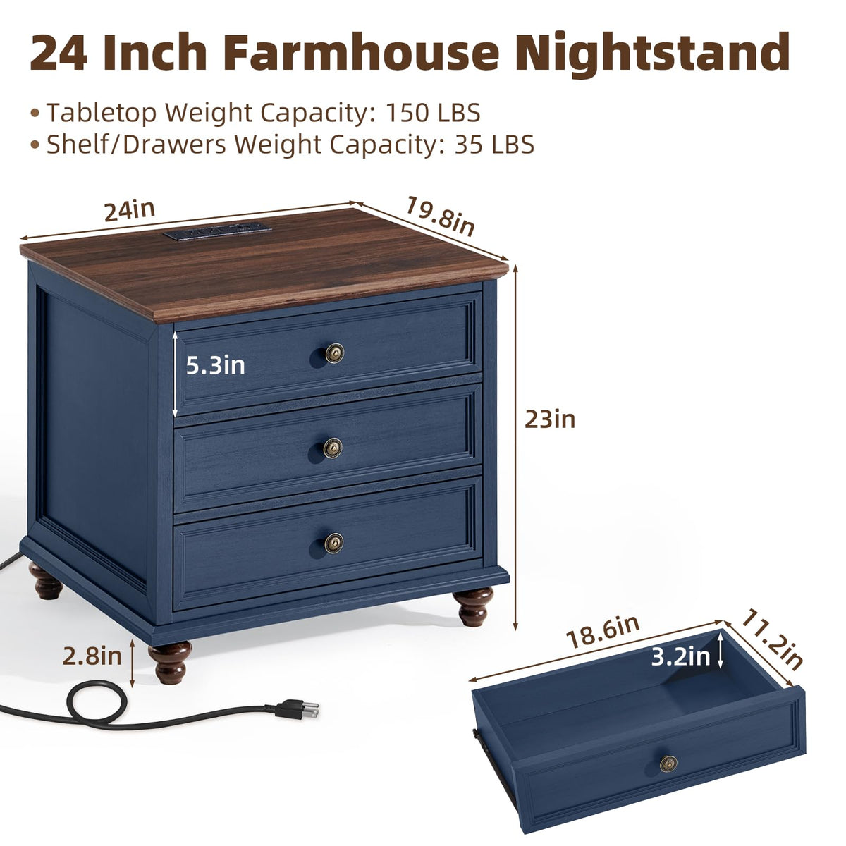 Blue Wood Nightstand Set of 2 with Charging Station S178710