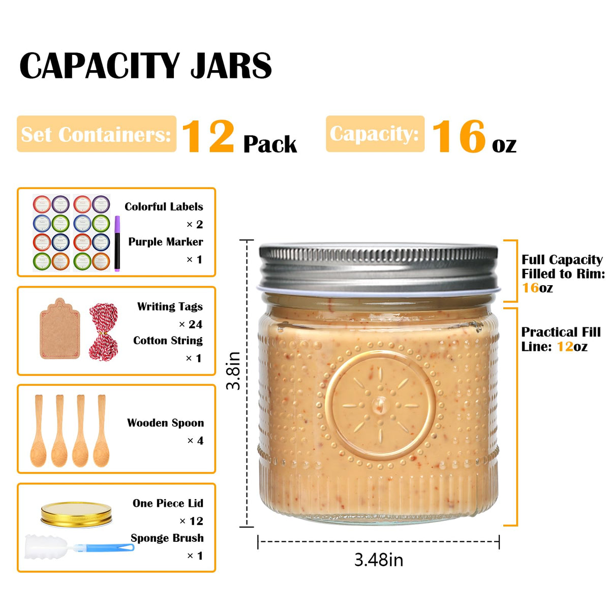 16 oz 12 Pack Wide Mouth Glass Jars with Lids H27217