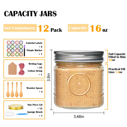 16 oz 12 Pack Wide Mouth Glass Jars with Lids H27217
