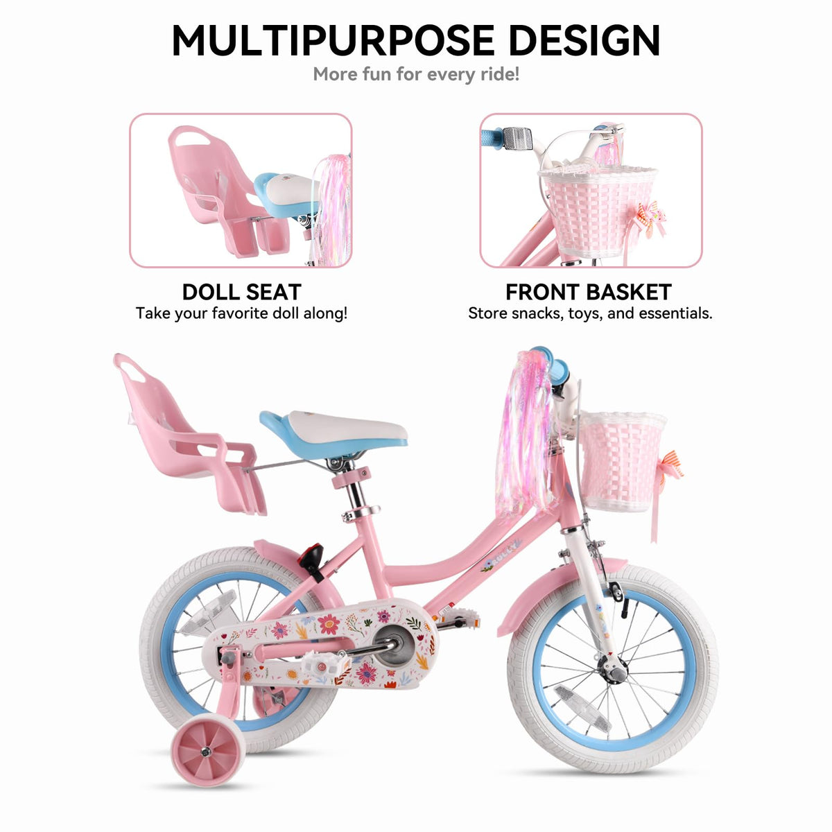 12 14 16 Inch Girls Bike with Training Wheels, Basket & Doll Seat V81193