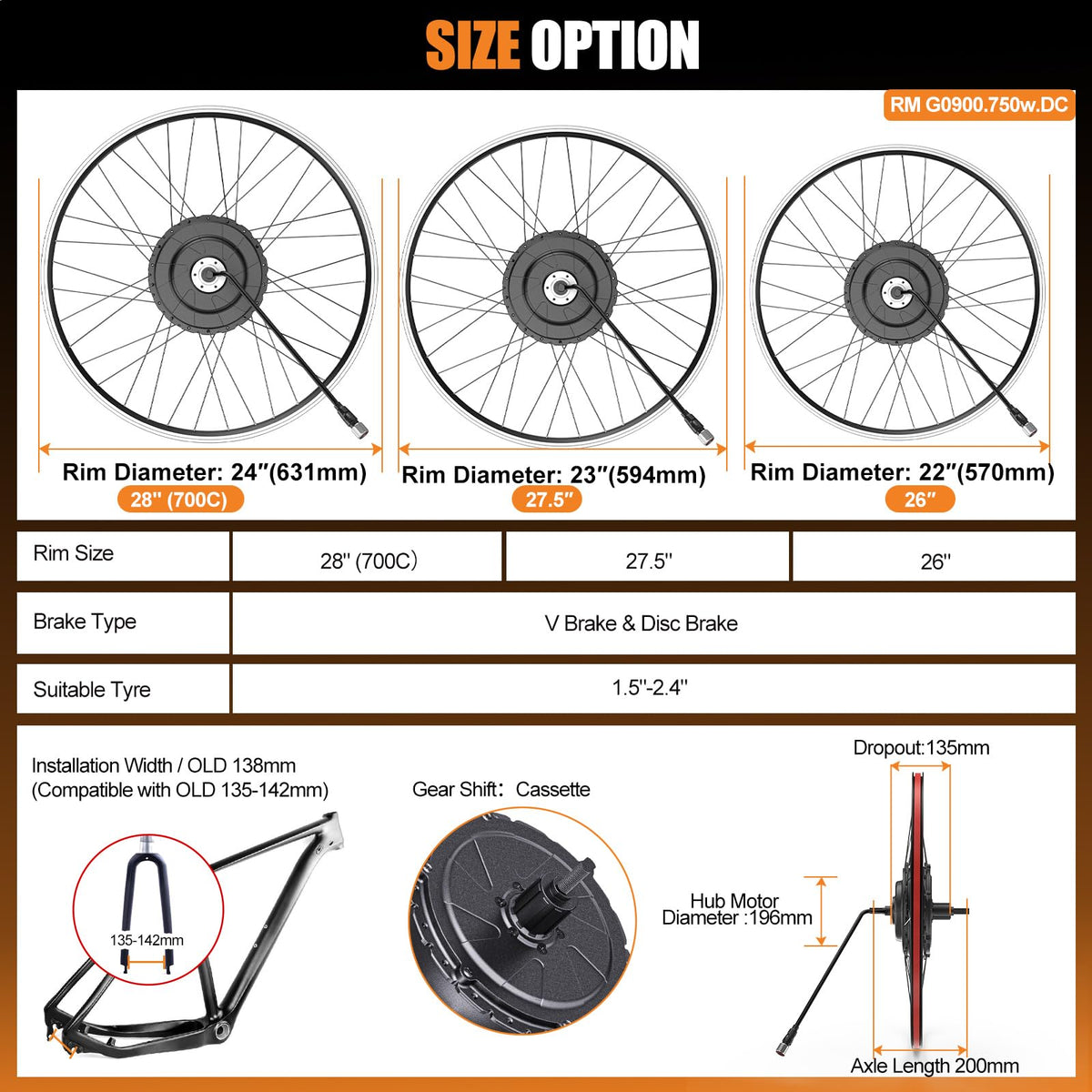48V 750W Electric Bicycle Conversion Kit Rear Hub Motor Wheel W33504