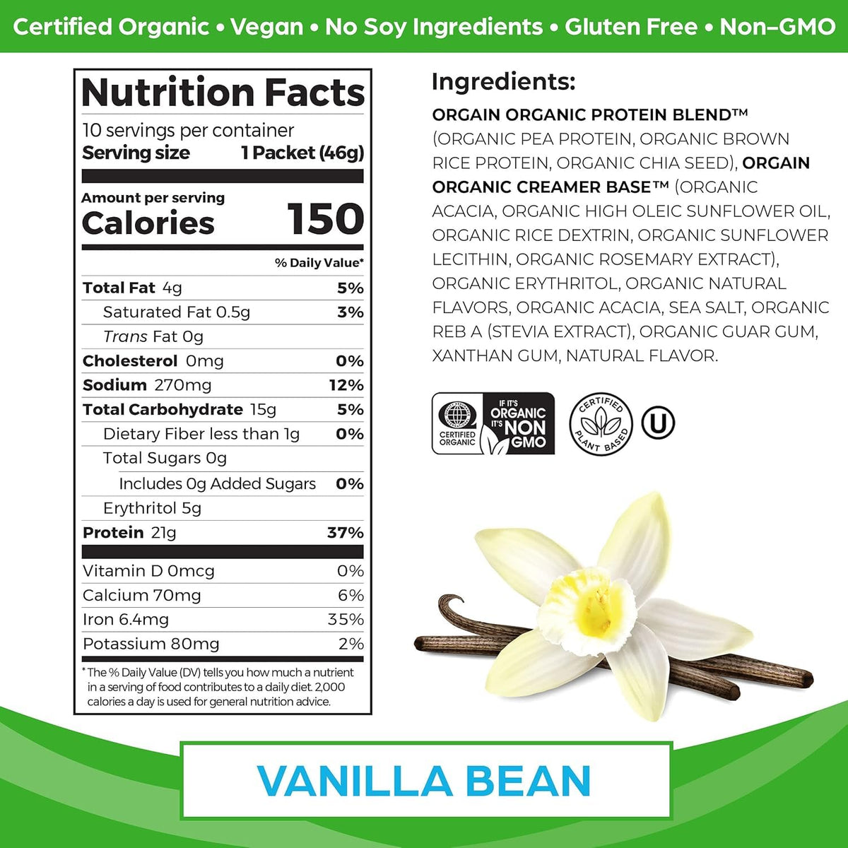 Organic Vegan Protein Powder Travel Packs Vanilla Bean and Chocolate Fudge 10 Packets Each V63980