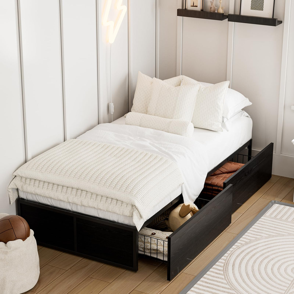 Twin Metal Platform Bed Frame with 2 XL Storage Drawers B560